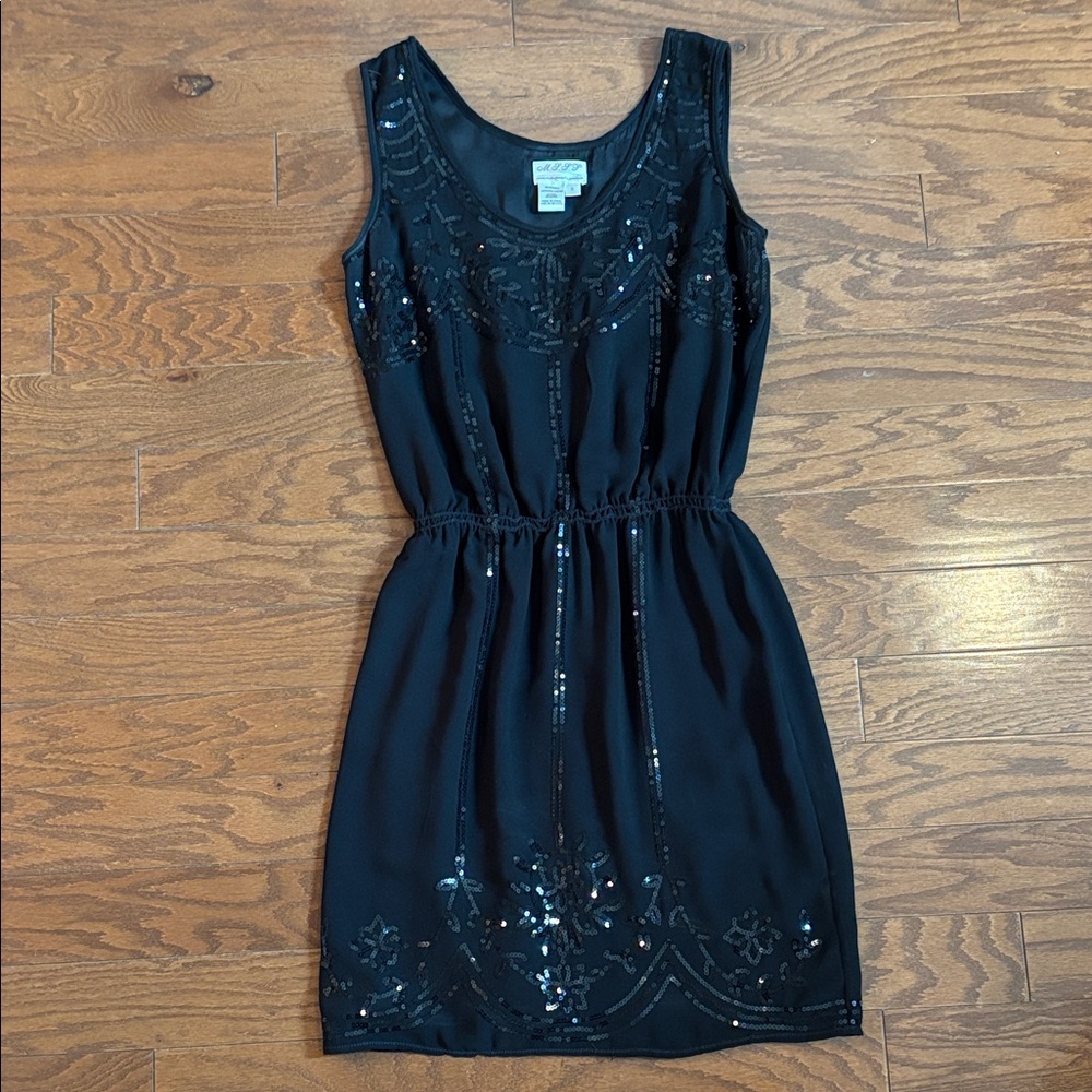Sequin-Embellished Black Sleeveless Mini Dress